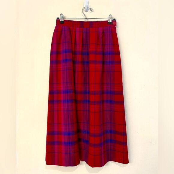 Vintage Pendleton 100% Pure Virgin Wool Red Plaid Midi Skirt MEASUREMENTS - Picture 1 of 9